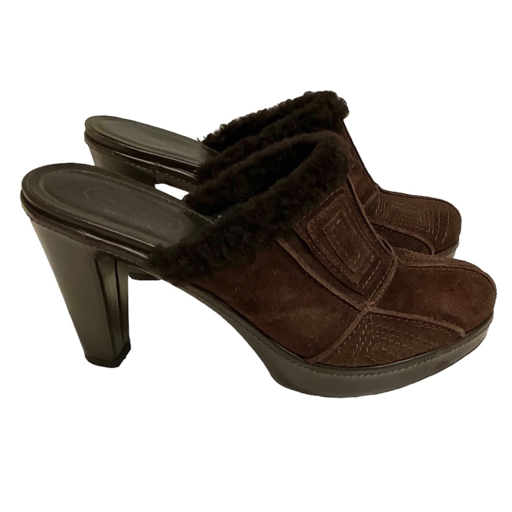 COACH ❤️ Brown Suede & Sherpa Patchwork Clogs Size 7.5 Platform High Heels Mules